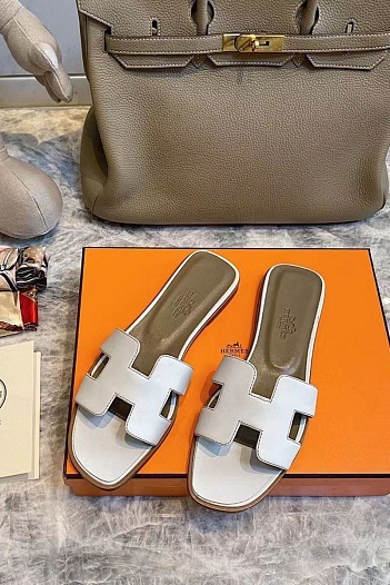 Женские кожаные шлёпанцы Hermes Premium - White   