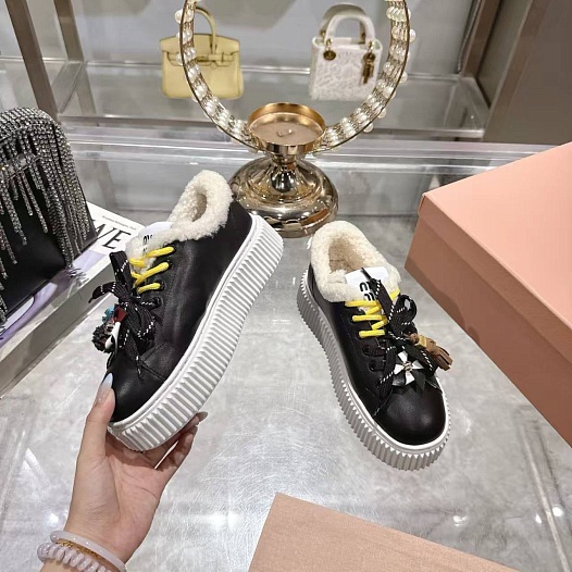 Женские кожаные кроссовки с мехом MIU MIU premium   