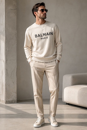 Мужской светло-бежевый свитшот Balmain Paris logo-print   