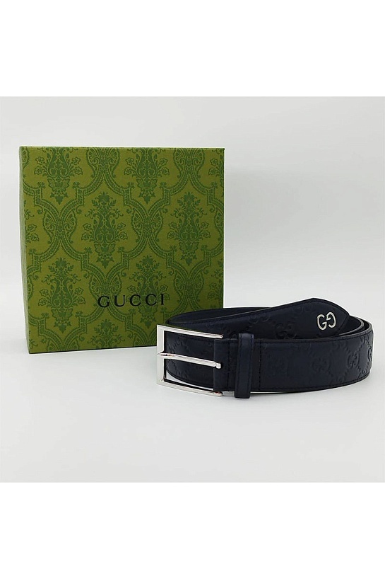 Кожаный тёмно-синий ремень Gucci (ширина 3.8 см, длина 110 / 115 см)