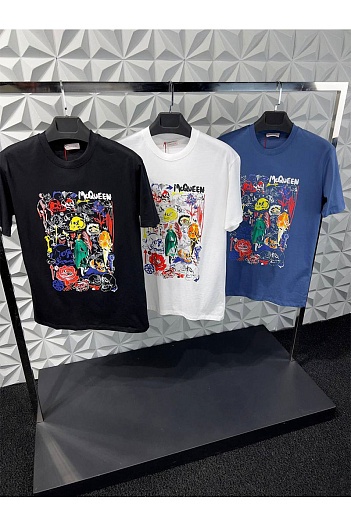 Мужская синяя футболка Alexander McQueen graphic skull   