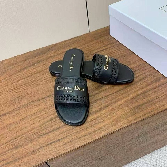 Женские кожаные шлёпанцы Dior Premium - Black