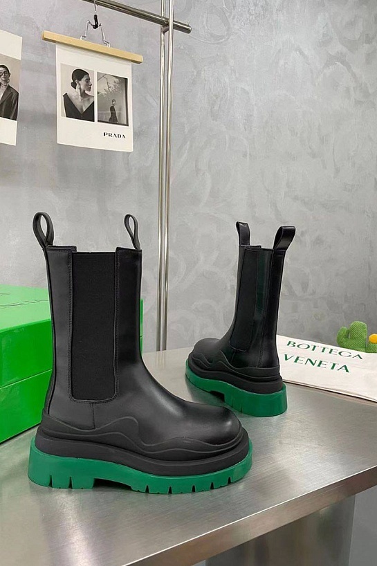 Женские кожаные ботинки Bottega Veneta Premium - Black / Green