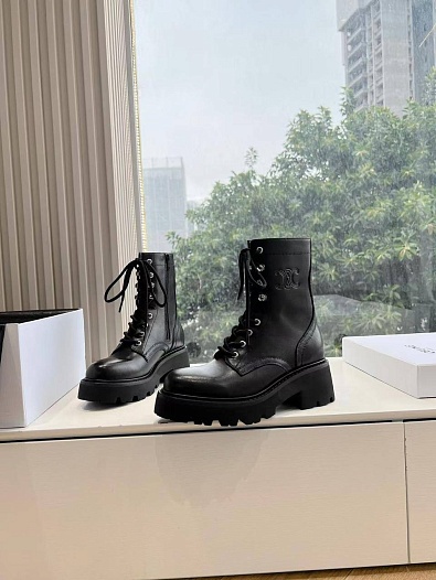 Женские кожаные ботинки с мехом Celine premium - Black   