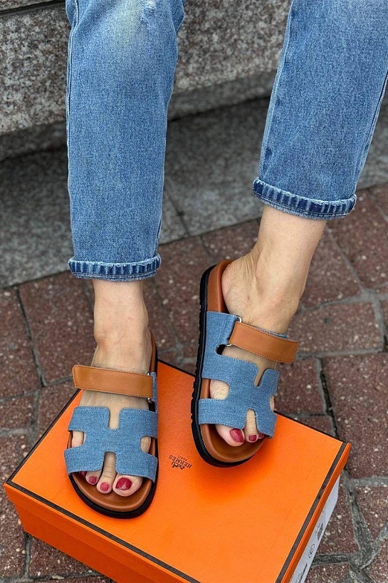 Женские кожаные сандалии Hermes Chypre - Brown / Blue