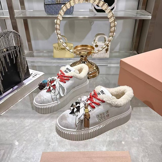Женские кожаные кроссовки с мехом MIU MIU premium   