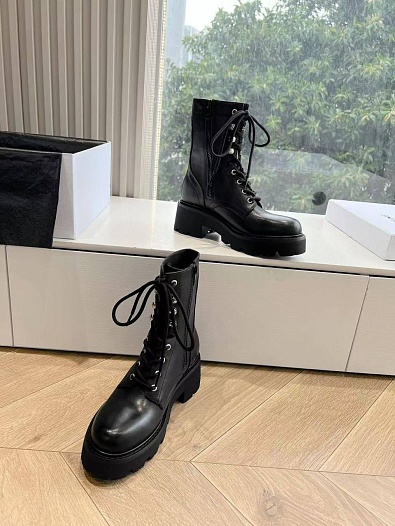 Женские кожаные ботинки с мехом Celine premium - Black   