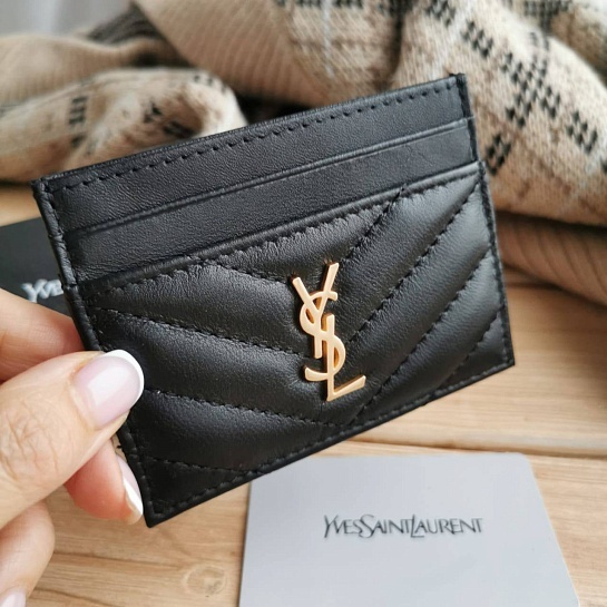 Кожаный чёрный кардхолдер Yves Saint Laurent 10.5x7.8 см