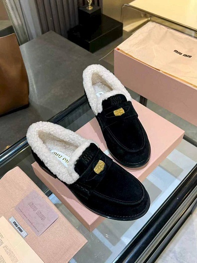 Женские лоферы с мехом MIU MIU premium  - Black   