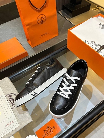 Женские кожаные кроссовки Hermes Premium - Black   
