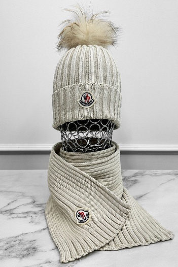 Комплект из шапки и шарфа бежевого цвета Moncler logo-patch   