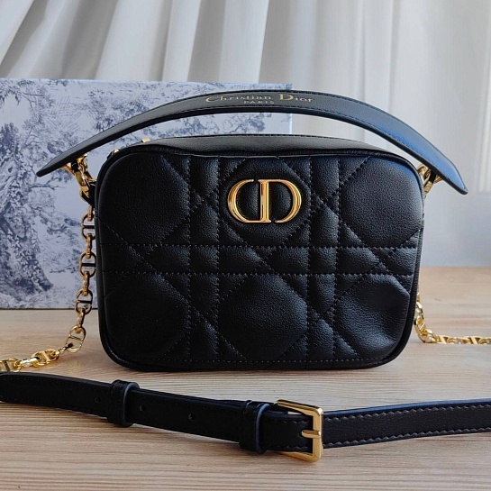 Женская кожаная сумка Dior Camera Caro Top Handle 17x15 см - Black