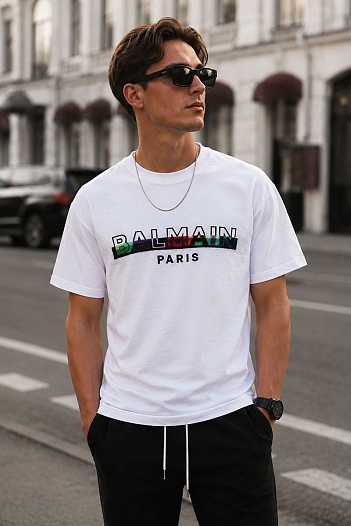 Белая мужская футболка Balmain textured-logo   