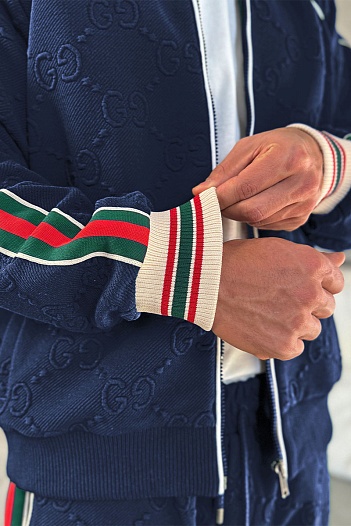 Тёмно-синяя кофта на молнии Gucci GG jacquard   
