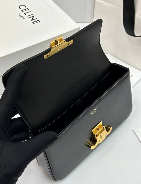 Женская кожаная сумка Celine Claude Premium 20.5x11.5x4 см - Black / Gold