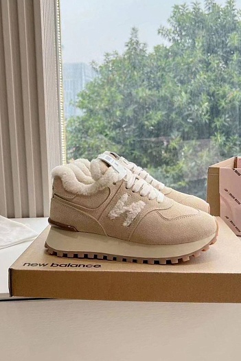 Женские кроссовки с мехом New Balance 574 x MIU MIU Premium - Beige   