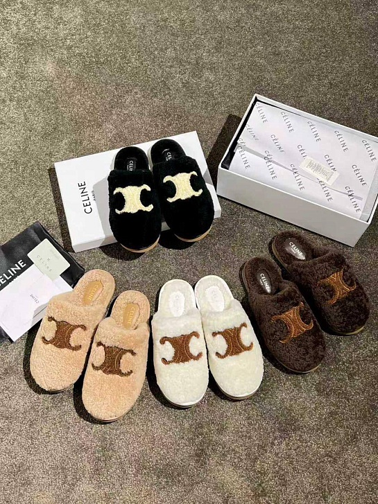 Женские меховые шлёпанцы Celine Triomphe premium