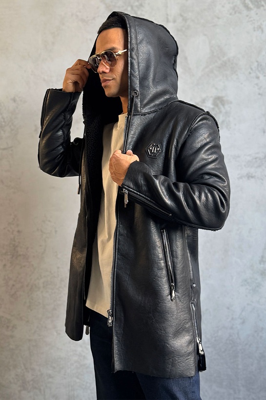 Мужское утеплённое пальто Philipp Plein чёрного цвета
