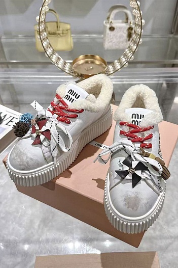 Женские кожаные кроссовки с мехом MIU MIU premium   