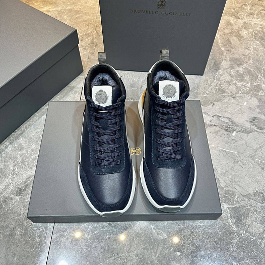 Кожаные кроссовки с мехом Brunello Cucinelli high-top - Navy   
