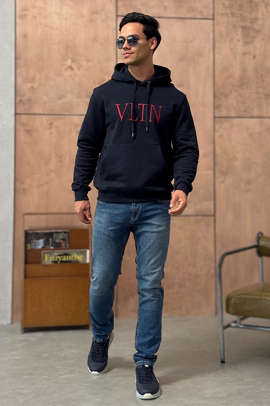 Мужское тёмно-синее худи Valentino logo-embroidered