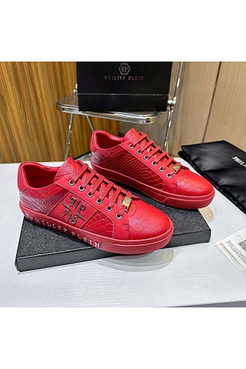 Мужские кожаные кроссовки Philipp Plein красного цвета   