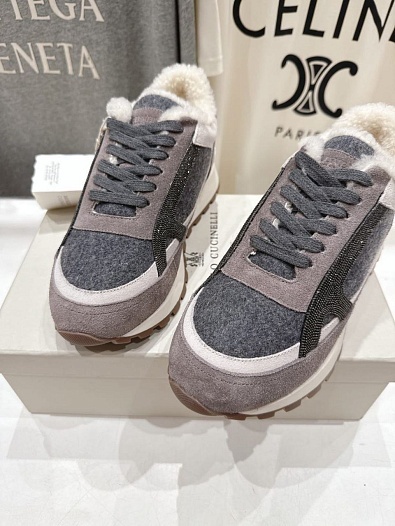 Женские замшевые кроссовки с мехом Brunello Cucinelli premium   