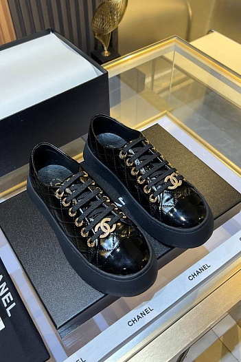Женские кожаные кроссовки Chanel Premium - Black   