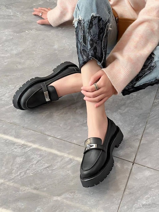 Женские кожаные лоферы Hermes Premium - Black