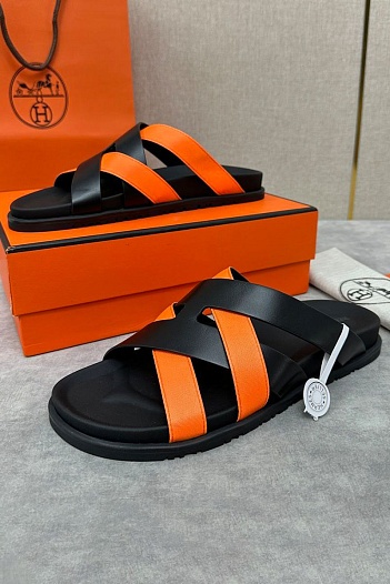 Мужские шлёпанцы Hermes Kazimir - Black / Orange   