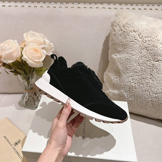 Женские замшевые кроссовки с мехом Brunello Cucinelli Premium   