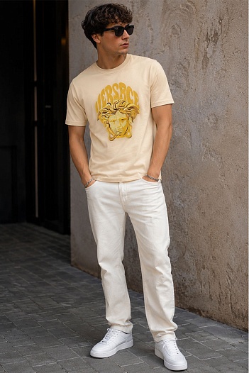 Мужская бежевая футболка Versace Medusa-embroidered   