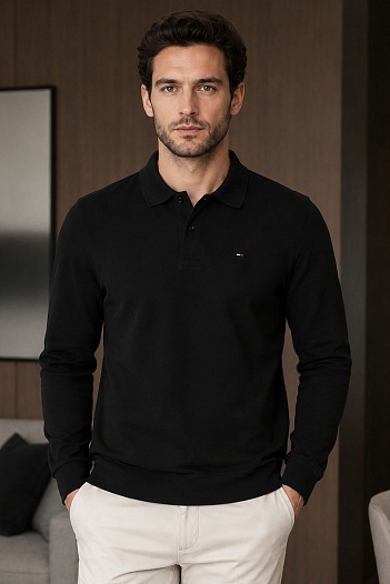 Чёрное поло с длинным рукавом Tommy Hilfiger   