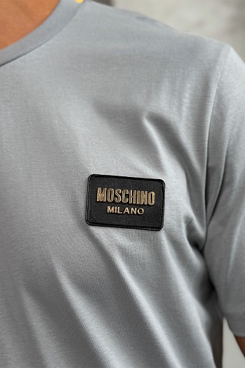 Мужская серо-синяя футболка Moschino logo-patch   