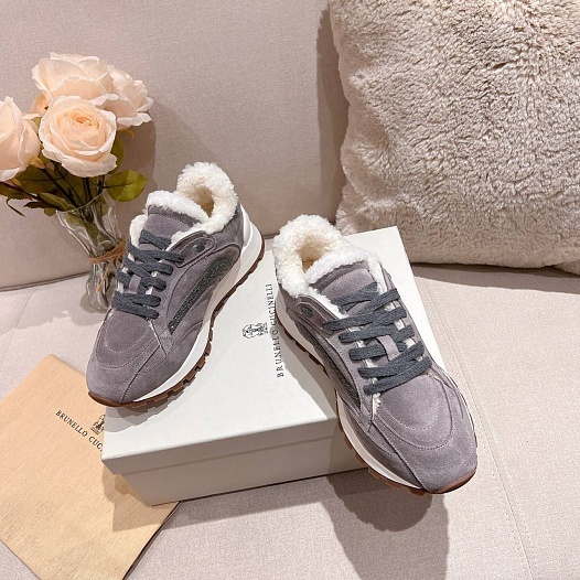 Женские замшевые кроссовки с мехом Brunello Cucinelli Premium   