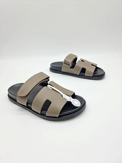 Женские кожаные сандалии Hermes Chypre - Khaki / Black   