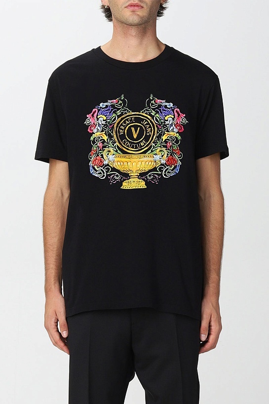 Мужская чёрная футболка Versace V-Emblem Garden