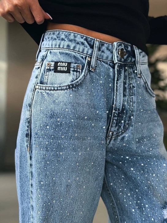Женские светло-голубые джинсы со стразами MIU MIU premium
