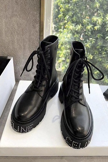 Женские кожаные ботинки с мехом Celine premium - Black   