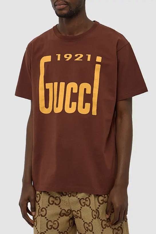 Брендовая оверсайз футболка Gucci 1921 logo - Brown