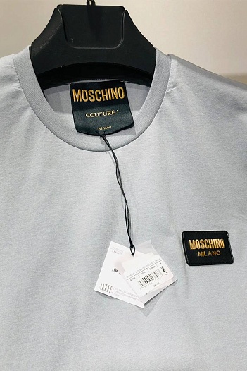 Мужская серо-синяя футболка Moschino logo-patch   