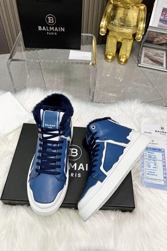Кожаные кроссовки с мехом Balmain high-top - Blue / White