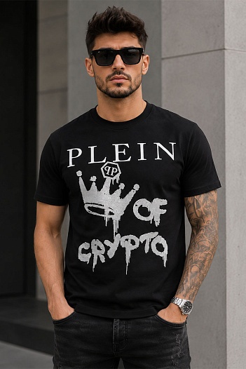 Чёрная футболка со стразами Philipp Plein king of crypto   
