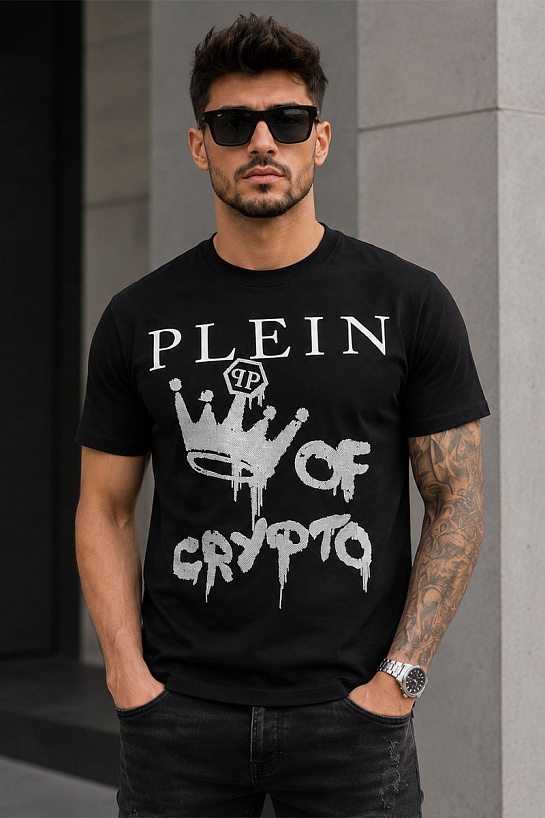 Чёрная футболка со стразами Philipp Plein king of crypto