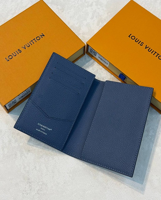 Кожаная обложка для паспорта Louis Vuitton Indigo Blue Damoflage premium 14x10x2.5 см