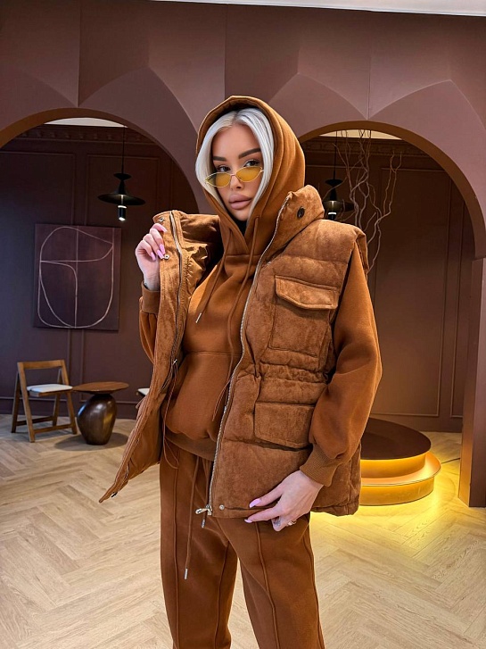 Женский костюм тройка на флисе Loro Piana premium - Chestnut