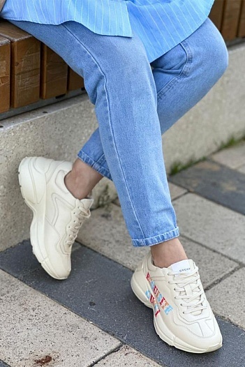 Женские кожаные кроссовки Gucci Rhyton Exquisite - Beige   