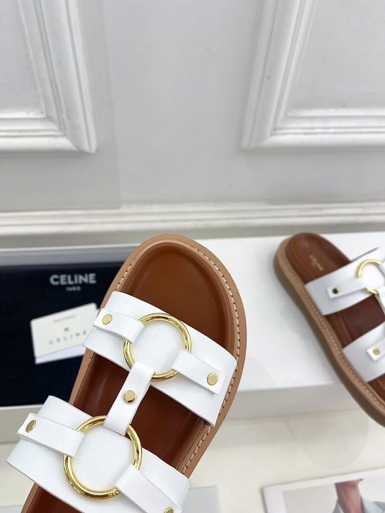 Женские кожаные шлёпанцы Celine Tippi - White