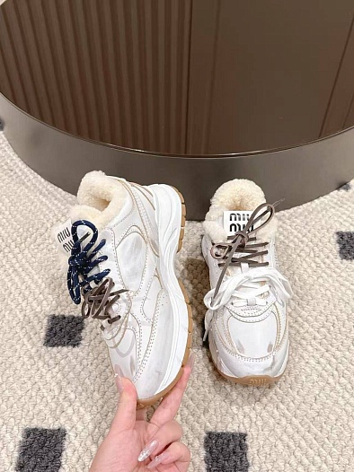 Женские кожаные кроссовки с мехом MIU MIU premium   