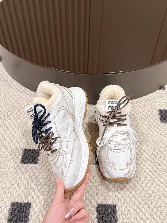 Женские кожаные кроссовки с мехом MIU MIU premium